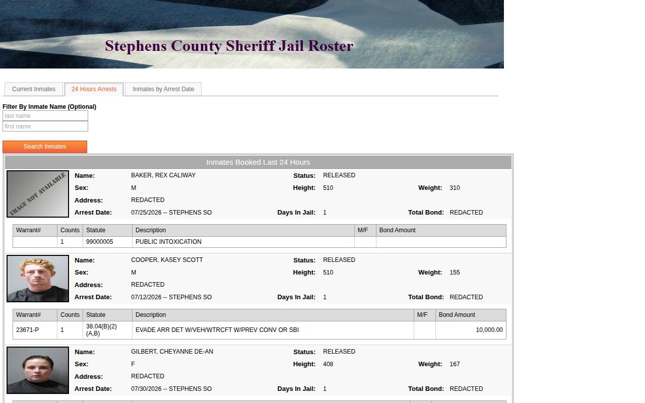 Stephens 24-hour booking feed for Throckmorton County custody checks