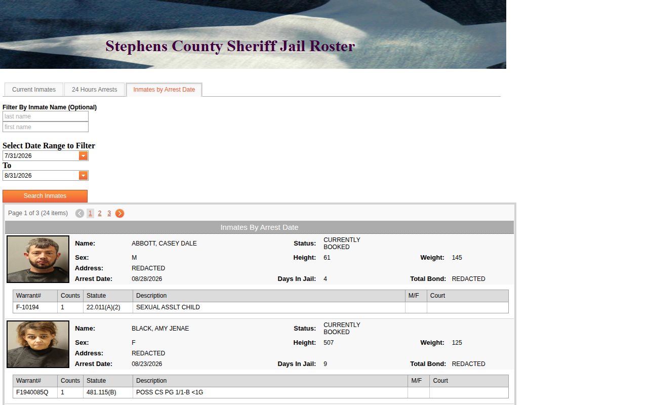 Stephens arrest-date roster for Throckmorton County booking records