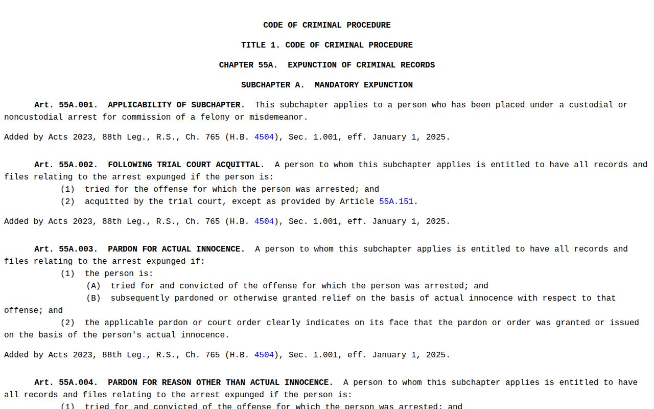 Texas Chapter 55A expunction information for Throckmorton County booking records