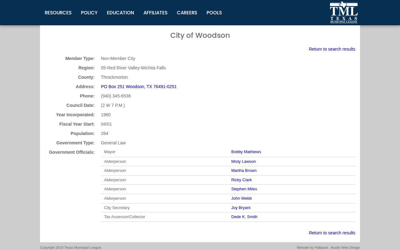 Woodson municipal directory source for Throckmorton County booking-record routing